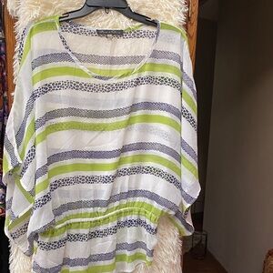Rose & Olive Women’s  Sheer Top In Green, Black & White Striped Pattern. Size S.